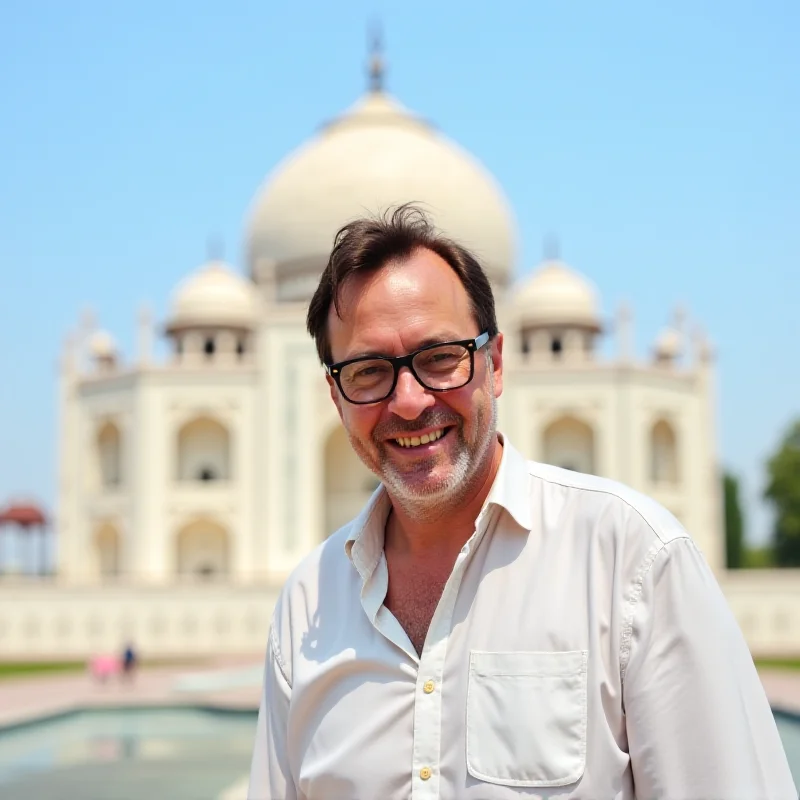 Brian Greene standing in front of the Taj Mahal, smiling.