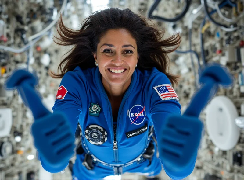 Astronaut Sunita Williams floating in the International Space Station, smiling and giving a thumbs up.