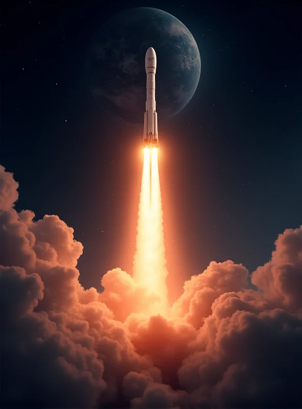 Illustration of the SpaceX Starship rocket launching into space, with Earth visible in the background.