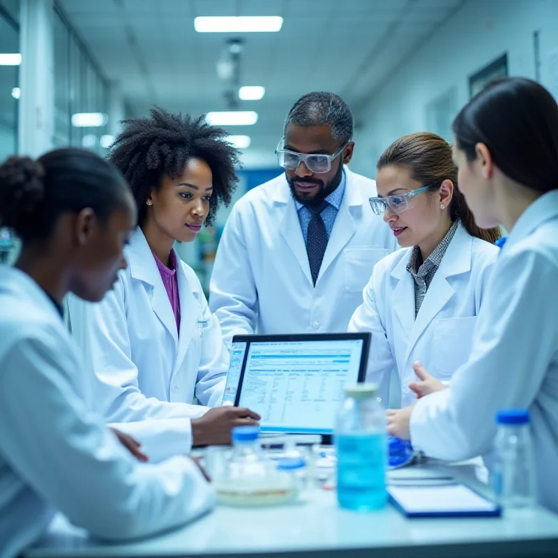 A group of diverse scientists collaborating in a modern research lab.