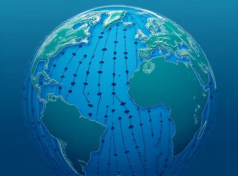 Illustration of a large ocean current flowing around the globe, with arrows indicating its direction and speed.