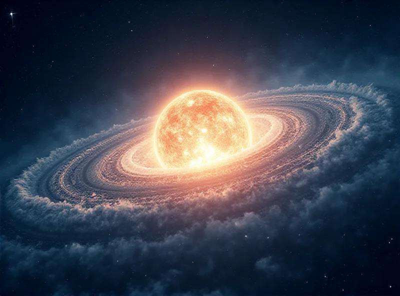 Digital illustration of a white dwarf star with a planetary disk of debris surrounding it. The debris is glowing and being pulled towards the star.