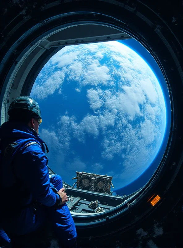 Astronaut inside the International Space Station, looking at Earth