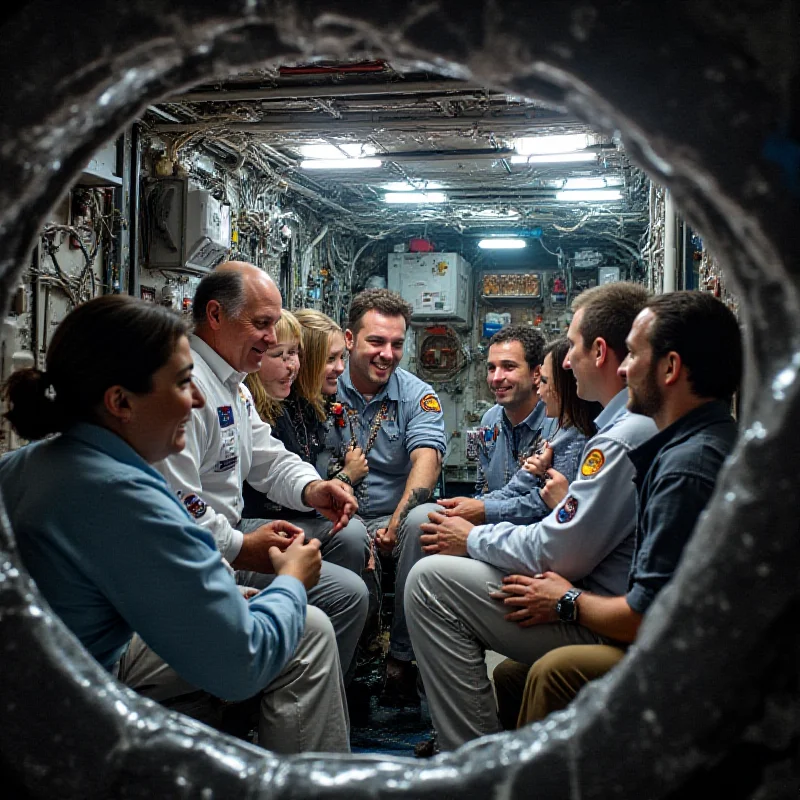 A diverse group of astronauts from different countries working together inside the International Space Station