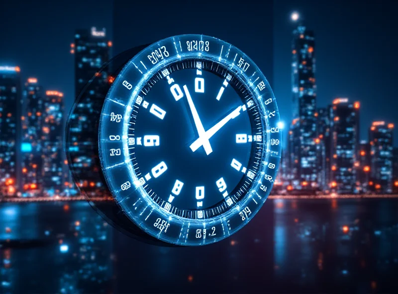 Illustration of a clock face with stock tickers running around the edge, symbolizing 24/7 stock market trading.