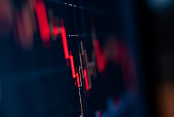 Close up of a computer screen showing stock charts trending downwards.