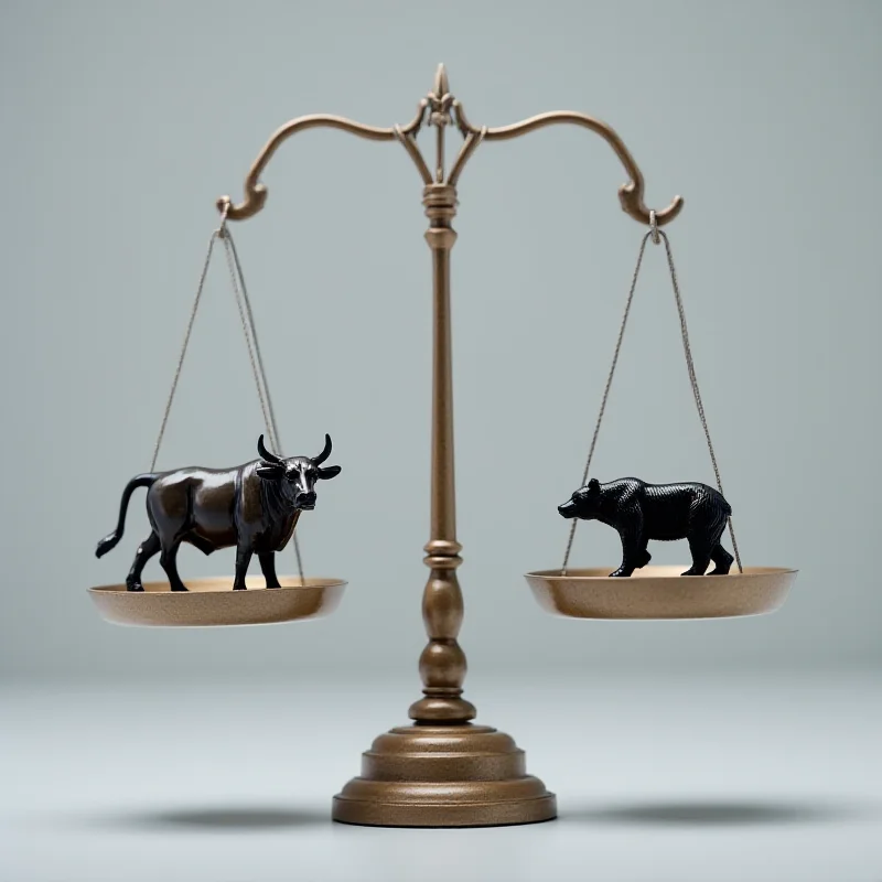 A balanced scale with one side showing a bull and the other a bear, representing bullish and bearish market sentiment.