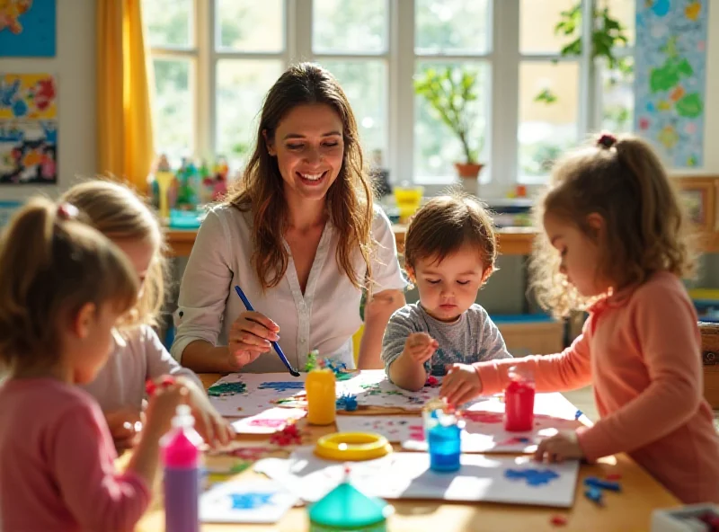 A group of children playing in a colorful, modern playroom with art supplies.