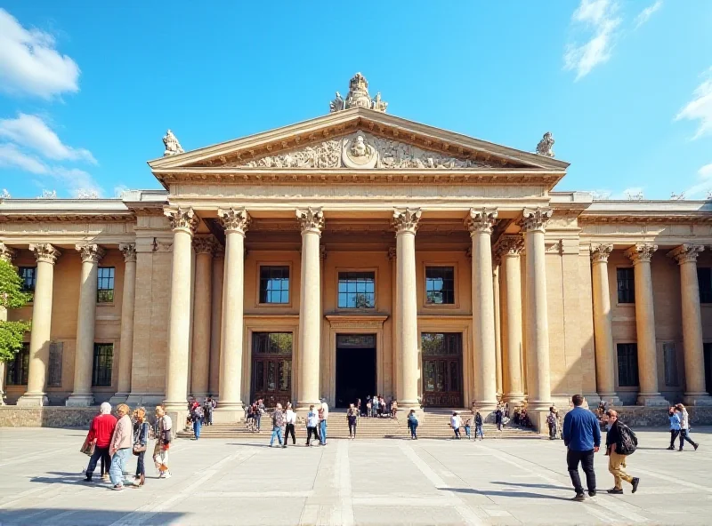 A wide shot of the exterior of the National Gallery, with people walking around and admiring the architecture.