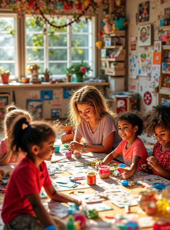 A vibrant and colorful playroom filled with children engaged in creative activities, showcasing the social dimension and popularity of the Atlas space.