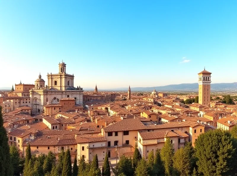 A panoramic view of Siena, Italy, showcasing its medieval architecture, including the iconic cathedral with its distinctive black and white striped campanile.