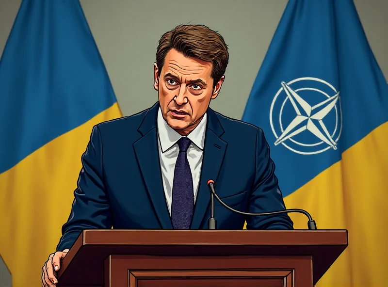 Illustration of Volodymyr Zelensky speaking at a podium with the Ukrainian and NATO flags behind him.