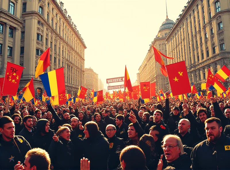 Illustration of a large crowd of people holding Romanian flags and signs with anti-NATO messages during a protest.