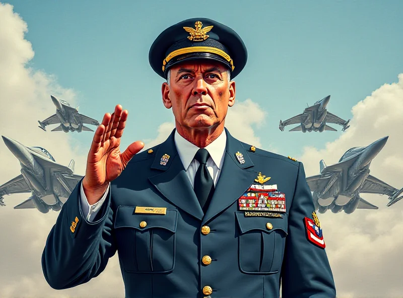 Illustration of a US Air Force General in uniform, giving a serious warning, with fighter jets in the background.