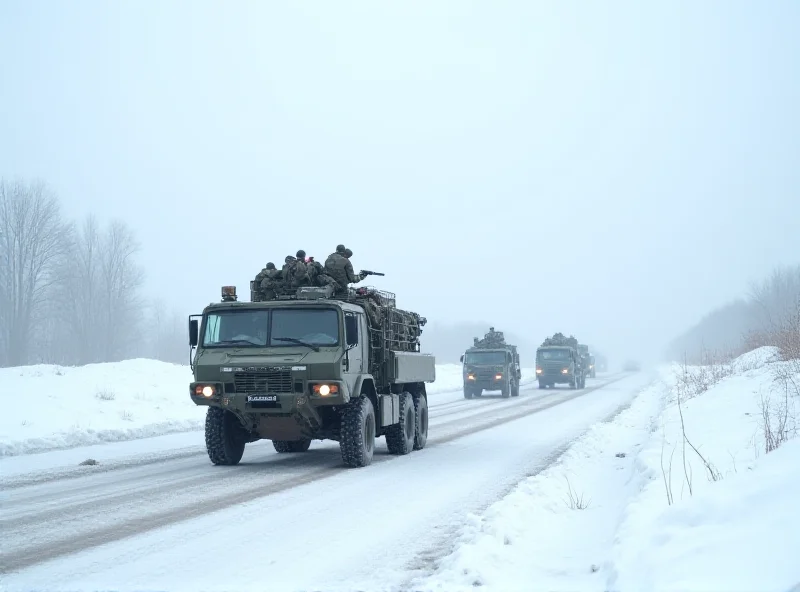 Aerial view of military vehicles moving through a snowy landscape, possibly the Kursk region.