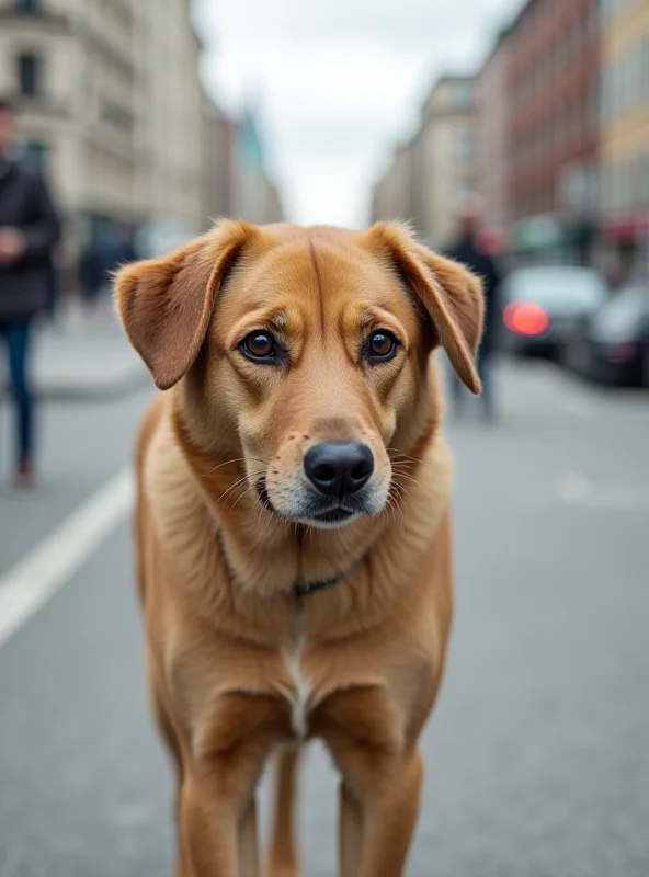 A concerned looking stray dog in an urban environment.