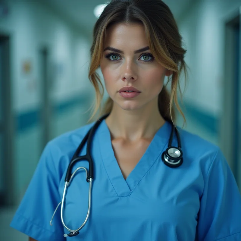 A concerned looking doctor or nurse in a hospital setting.