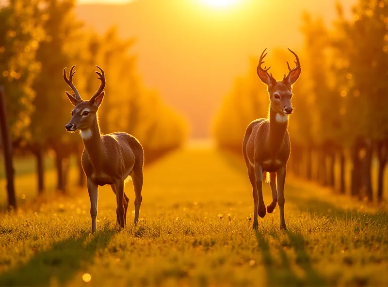 Two deers running through a sunlit vineyard