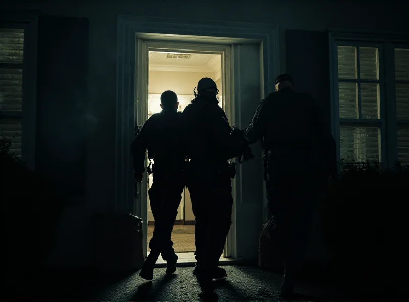 A wide shot of police officers breaking down a door in a house.