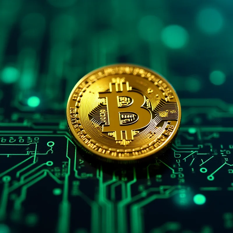 A digital representation of a Bitcoin coin resting on a circuit board, with binary code in the background.