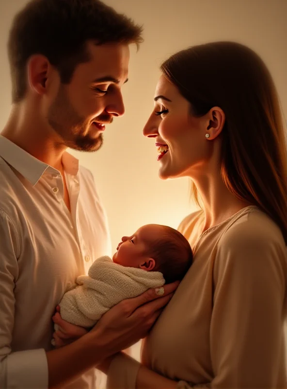 A loving couple holding their newborn baby, looking at each other with affection.