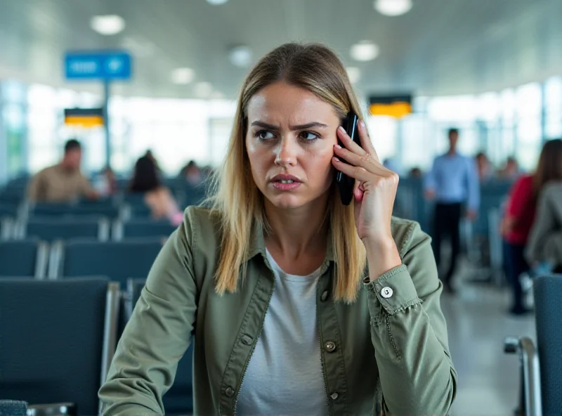 A person on their phone looking frustrated in an airport terminal.