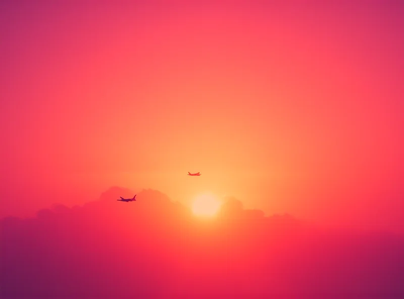 An airplane taking off silhouetted against an orange sunset.