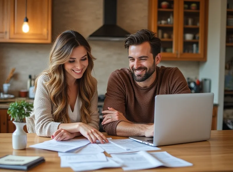 A happy couple discussing finances at home.