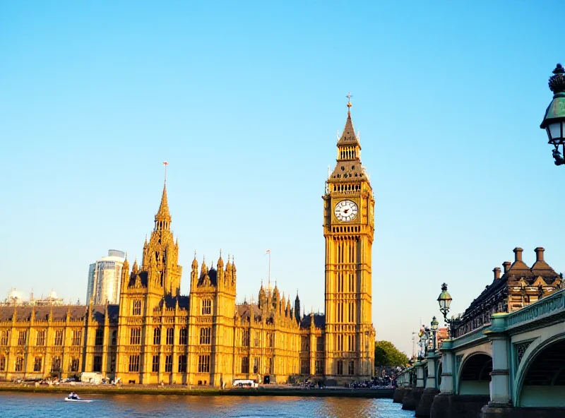 The Houses of Parliament in London, UK, bathed in sunlight.