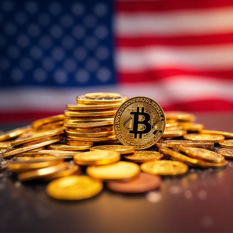 Digital illustration of cryptocurrency coins with the US flag in the background