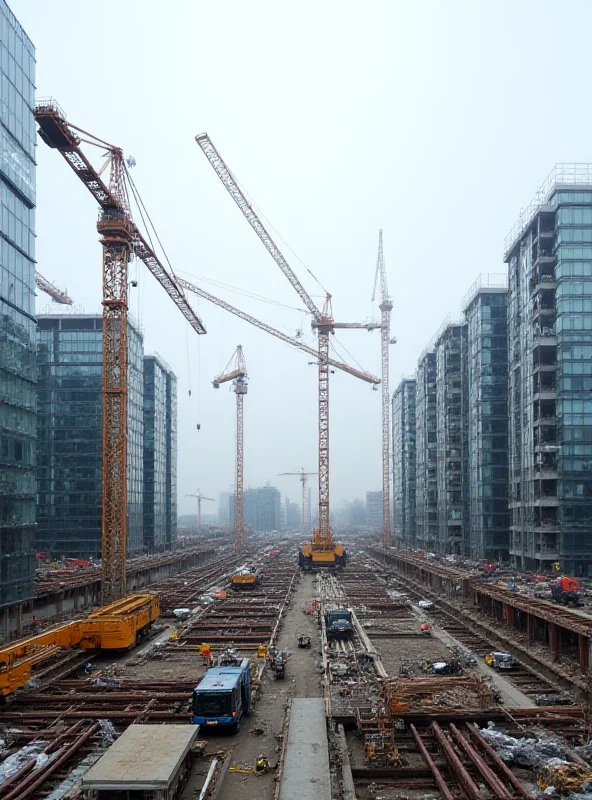 A bustling construction site in Germany, with modern buildings rising in the background.