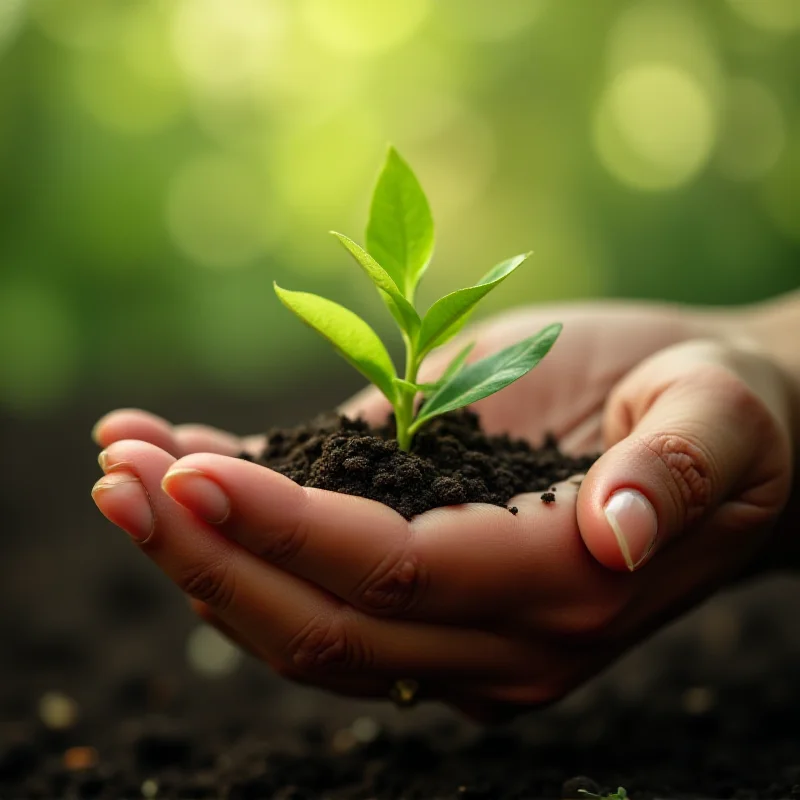 A hand holding a small seedling, symbolizing growth and sustainability.