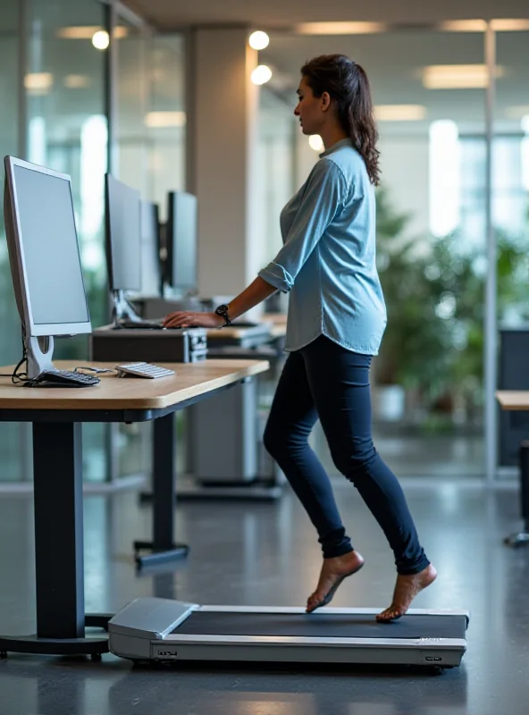 A person using an under-desk treadmill while working at a standing desk.