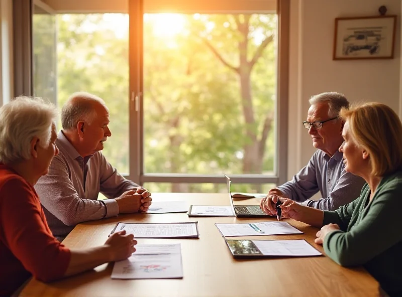 A family sitting around a table, discussing finances and inheritance planning.