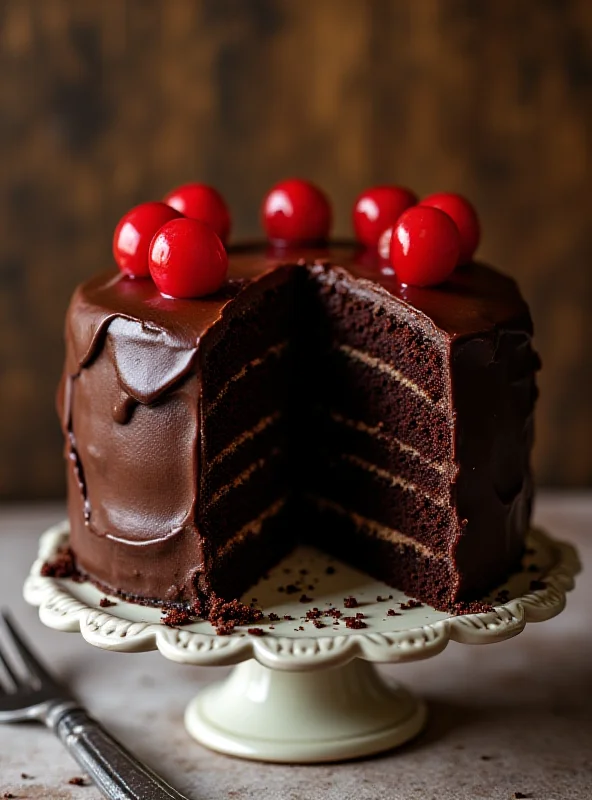 A close-up shot of a freshly baked devil's food cake, decorated with chocolate frosting and cherries.