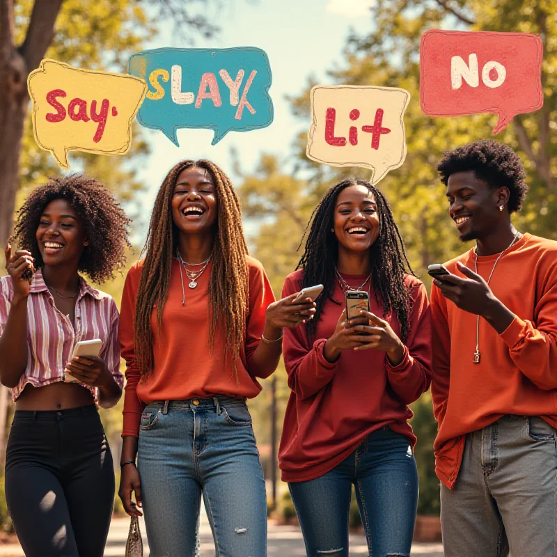 A group of diverse teenagers laughing and using smartphones, with speech bubbles containing Gen Z slang terms.