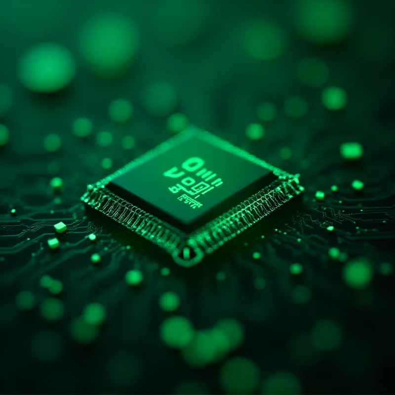 A close-up shot of a computer chip with binary code overlaid on it, representing the technology sector and the VGT ETF.