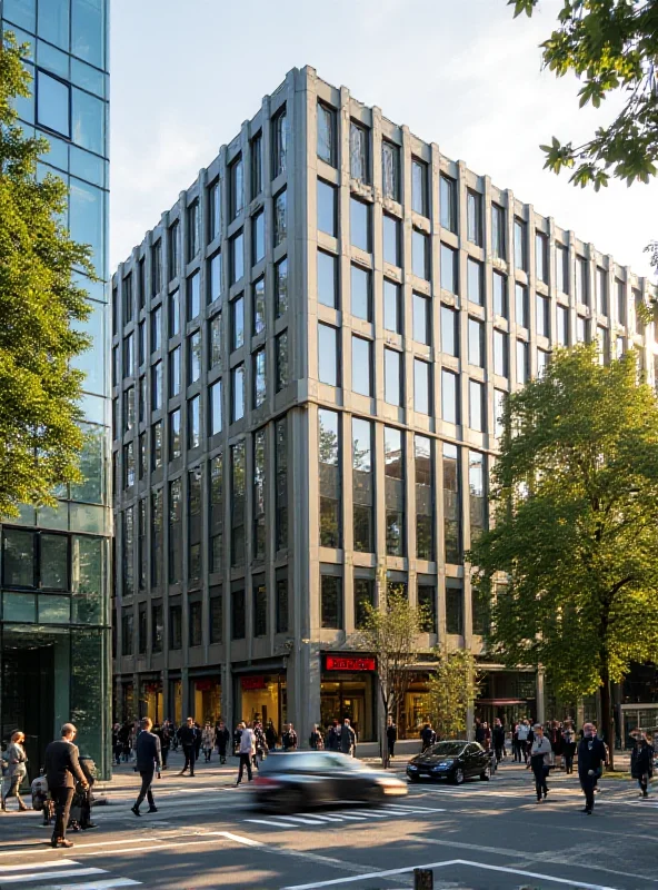 A modern office building with many windows, bathed in sunlight, symbolizing the office recovery.