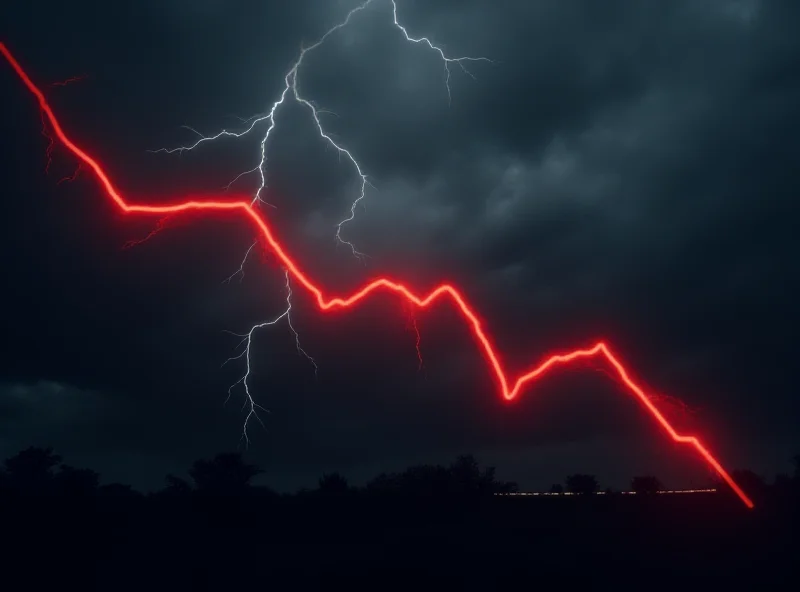 A downward trending stock chart against a dark, stormy background, symbolizing the risk of recession.