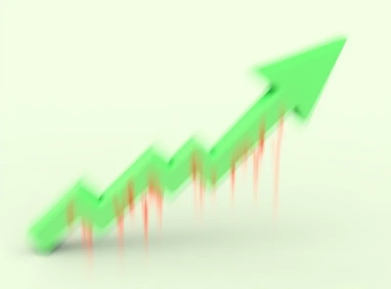 Chart showing stock market volatility with an upward trending arrow superimposed