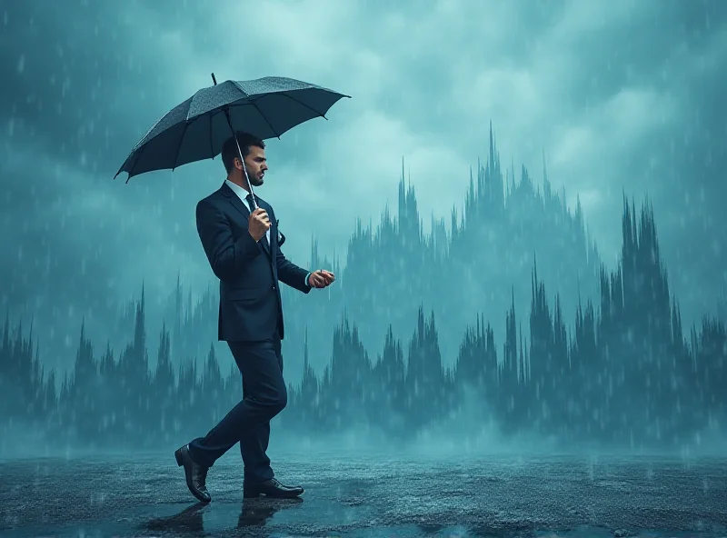 A businessman confidently walking against a backdrop of a stormy stock market graph, holding an umbrella.