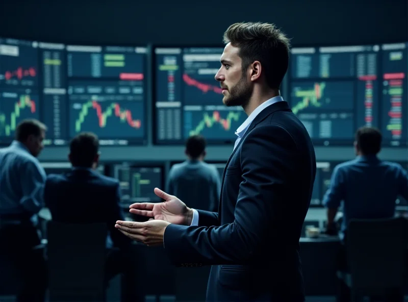 A person calmly analyzing stock market data on a computer screen amidst a chaotic office environment.