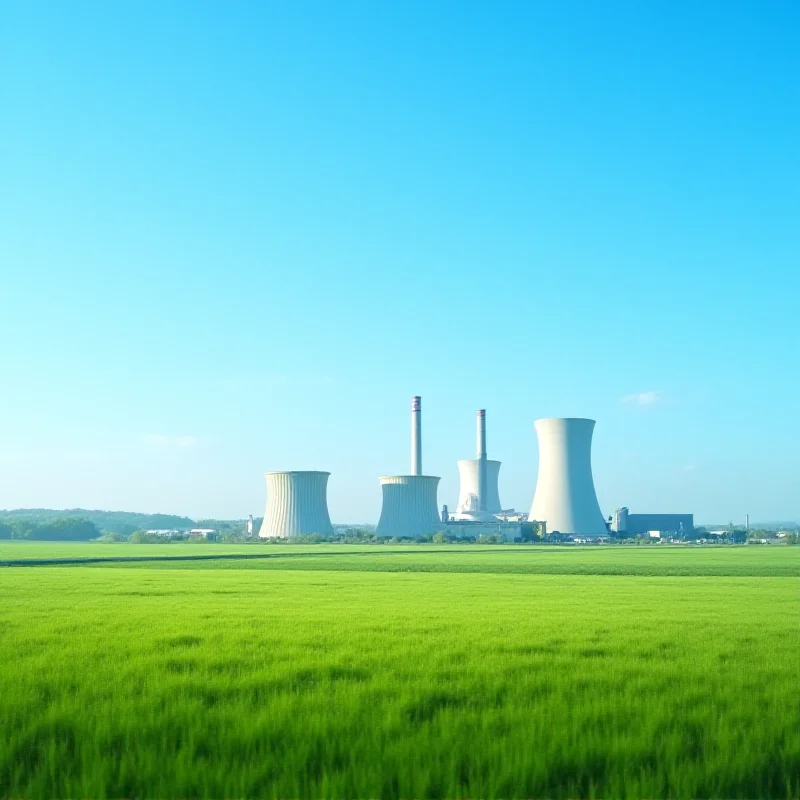 A modern nuclear power plant with cooling towers against a clear blue sky, symbolizing clean energy and technological advancement.