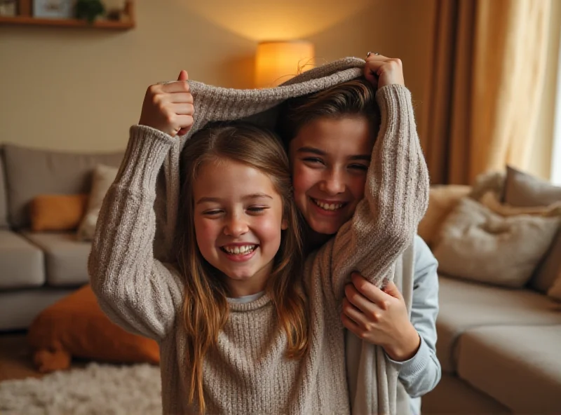 A young girl laughing while her teenage brother playfully puts a blanket over her head. They are both smiling and appear to be having fun.