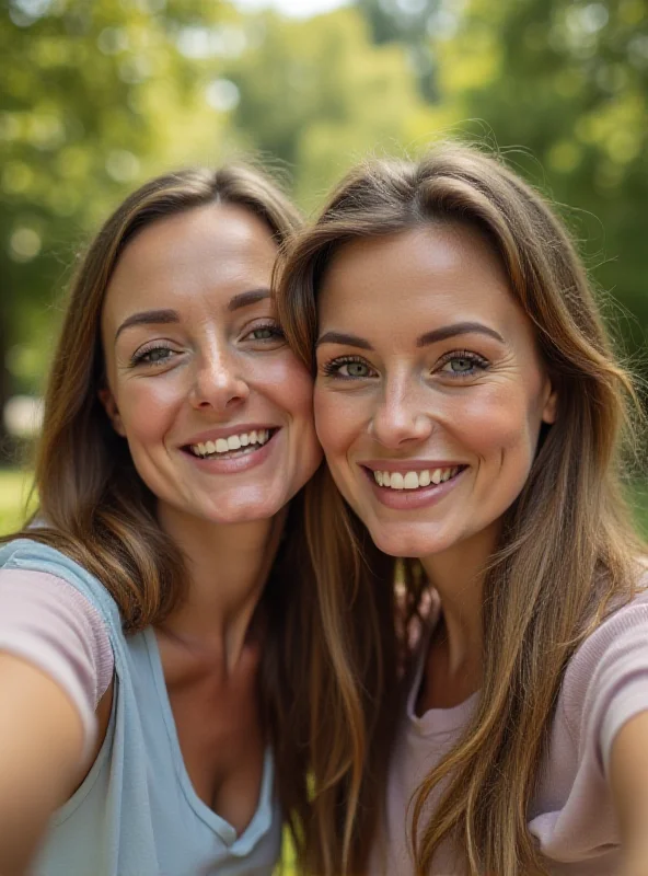 A mother and daughter taking a selfie together, smiling and looking at the camera. The background is blurred, suggesting a park or outdoor setting.