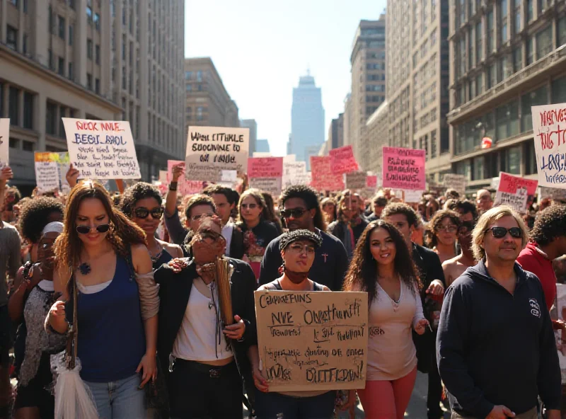 Diverse group of people marching and protesting for change, holding signs and banners.