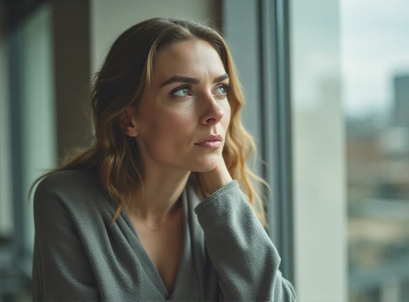 A woman looking thoughtfully out a window, contemplating a relationship decision.