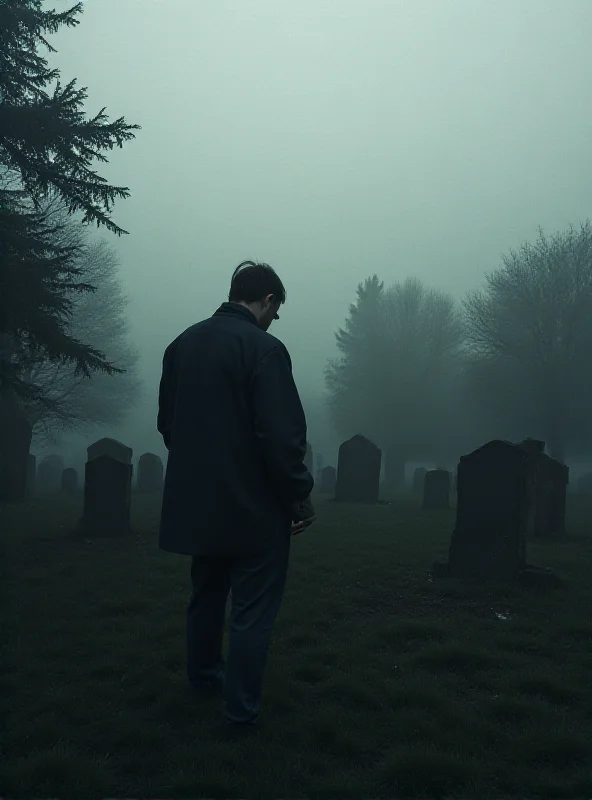 A person standing in a graveyard, looking at a tombstone, deep in thought.