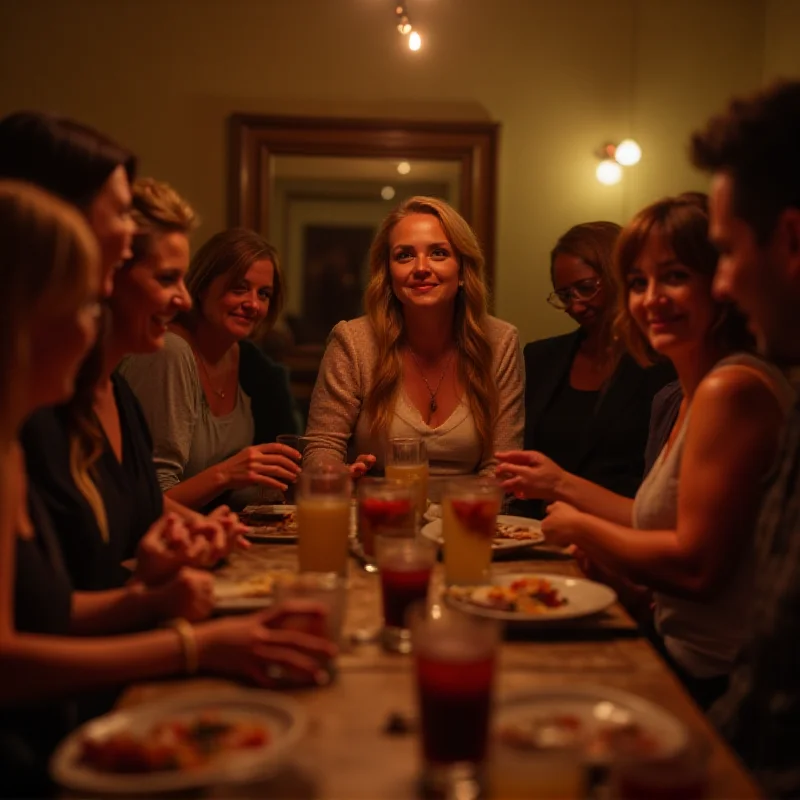 A group of people at a class reunion, with one woman standing slightly apart, looking excluded.