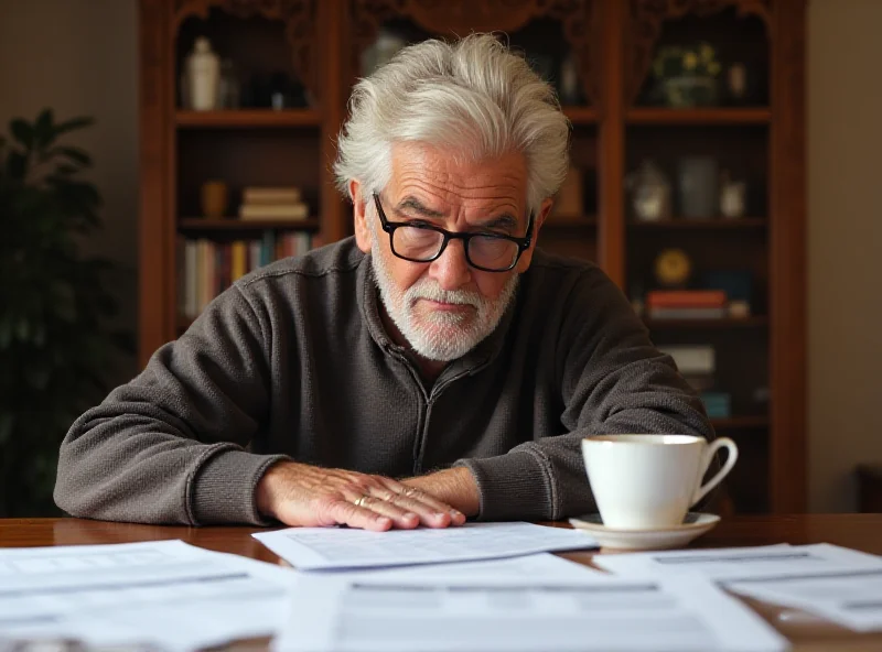 A senior citizen looking concerned while reviewing tax documents, representing the stress of Social Security benefit taxes.